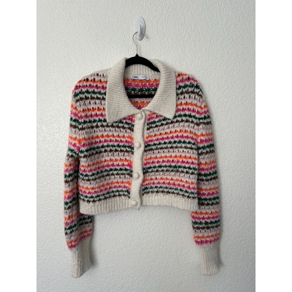 Zara Crochet Knit Multi Colored Striped Cardigan Sweater Size Medium